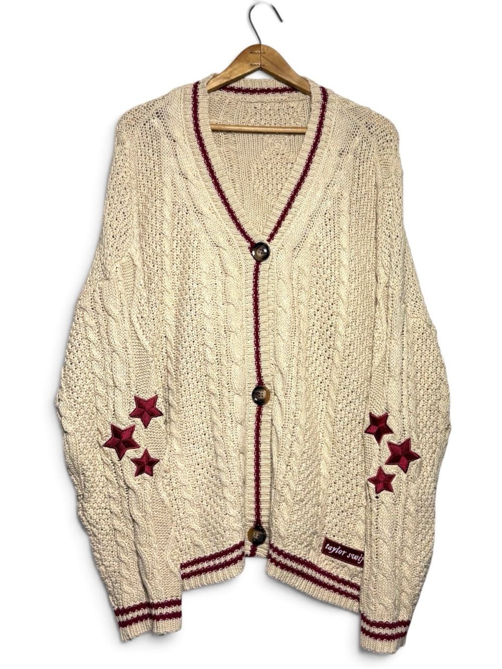 Taylor Swift Folklore Holiday Beige Red Star Cardigan Sweater Womens XL/2XL Rare